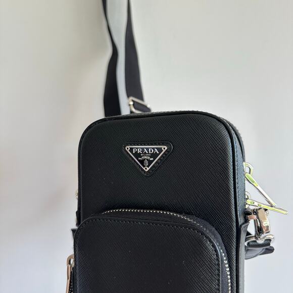 PRADA Saffiano Leather Zip-Around Smartphone Case Crossboday Bag Black - Picture 5 of 12